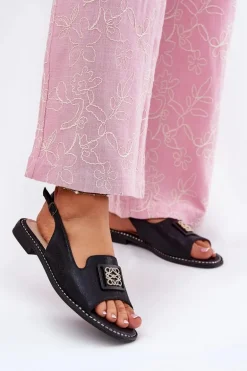 Eleganckie Sandały Damskie Na Płaskim Obcasie Z Ozdobą S.Barski KV51-082 Czarne