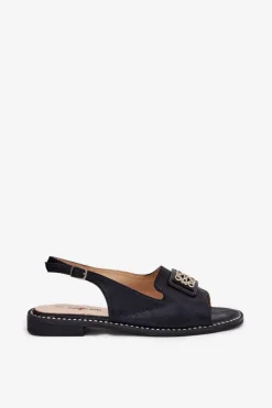 Eleganckie Sandały Damskie Na Płaskim Obcasie Z Ozdobą S.Barski KV51-082 Czarne