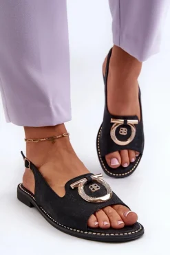 Eleganckie Sandały Damskie Ze Złotą Ozdobą Na Płaskim Obcasie Czarne S.Barski KV27-053