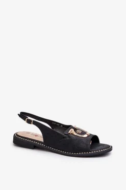 Eleganckie Sandały Damskie Ze Złotą Ozdobą Na Płaskim Obcasie Czarne S.Barski KV27-053