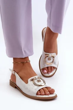 Eleganckie Sandały Damskie Ze Złotą Ozdobą Na Płaskim Obcasie Srebrne S.Barski KV27-053