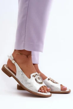 Eleganckie Sandały Damskie Ze Złotą Ozdobą Na Płaskim Obcasie Srebrne S.Barski KV27-053