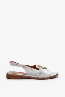 Eleganckie Sandały Damskie Ze Złotą Ozdobą Na Płaskim Obcasie Srebrne S.Barski KV27-053