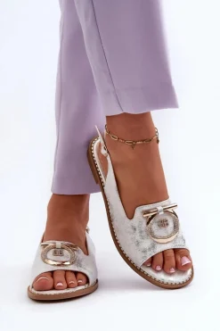 Eleganckie Sandały Damskie Ze Złotą Ozdobą Na Płaskim Obcasie Srebrne S.Barski KV27-053