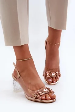 Eleganckie Sandały Na Słupku Z Ozdobami Różowe Złoto D&A MR38-444
