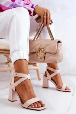 Eleganckie Sandały Na Słupku Beżowe Michele