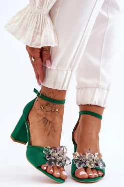 Eleganckie Sandały Z Kryształami Na Obcasie Zielone Cameron