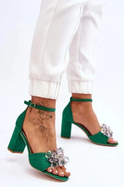 Eleganckie Sandały Z Kryształami Na Obcasie Zielone Cameron