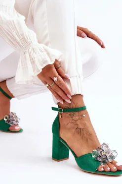 Eleganckie Sandały Z Kryształami Na Obcasie Zielone Cameron