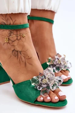 Eleganckie Sandały Z Kryształami Na Obcasie Zielone Cameron