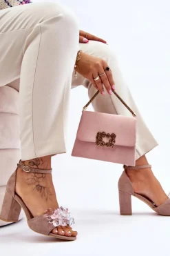 Eleganckie Sandały Z Kryształami Na Obcasie Ciemnobeżowe Cameron