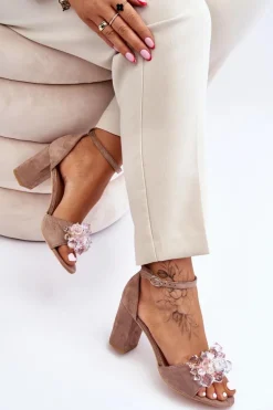 Eleganckie Sandały Z Kryształami Na Obcasie Ciemnobeżowe Cameron