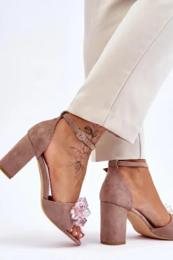 Eleganckie Sandały Z Kryształami Na Obcasie Ciemnobeżowe Cameron