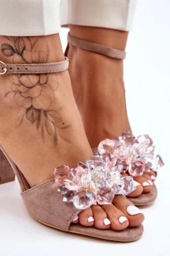 Eleganckie Sandały Z Kryształami Na Obcasie Ciemnobeżowe Cameron