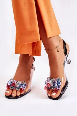 Eleganckie Sandały Z Kryształami Czarne Lanette