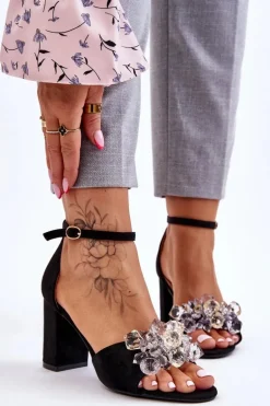 Eleganckie Sandały Z Kryształami Na Obcasie Czarne Cameron