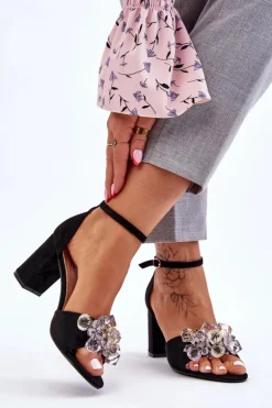 Eleganckie Sandały Z Kryształami Na Obcasie Czarne Cameron