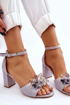 Eleganckie Sandały Z Kryształami Na Obcasie Szare Cameron