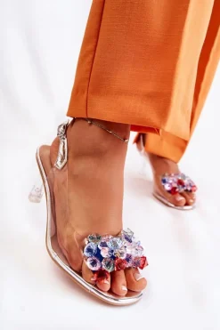 Eleganckie Sandały Z Kryształami Srebrne Lanette