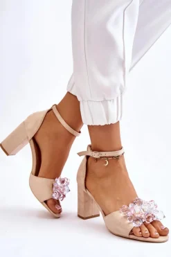 Eleganckie Sandały Z Kryształami Na Obcasie Beżowe Cameron