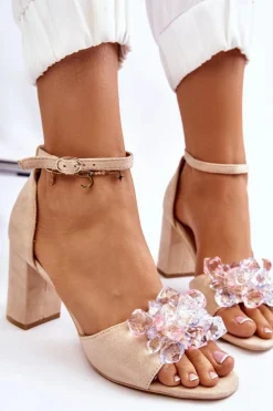 Eleganckie Sandały Z Kryształami Na Obcasie Beżowe Cameron