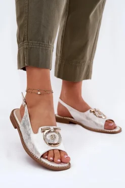 Eleganckie Sandały Z Ozdobą Na Płaskim Obcasie S.Barski KV51-003 Srebrne