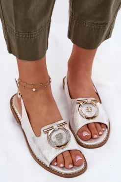 Eleganckie Sandały Z Ozdobą Na Płaskim Obcasie S.Barski KV51-003 Srebrne