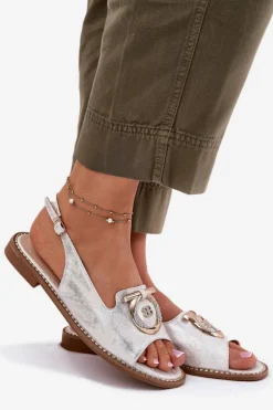 Eleganckie Sandały Z Ozdobą Na Płaskim Obcasie S.Barski KV51-003 Srebrne