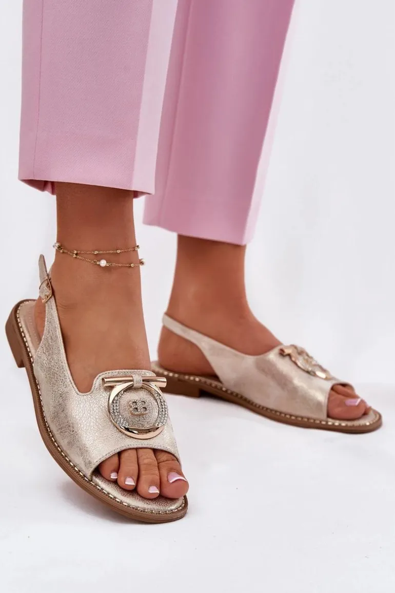 Eleganckie Sandały Z Ozdobą Na Płaskim Obcasie S.Barski KV51-003 Złote
