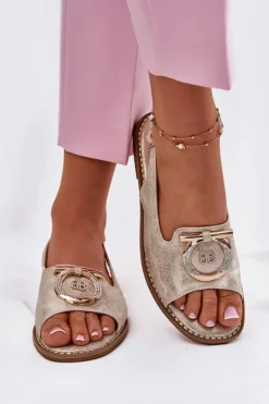 Eleganckie Sandały Z Ozdobą Na Płaskim Obcasie S.Barski KV51-003 Złote