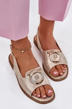 Eleganckie Sandały Z Ozdobą Na Płaskim Obcasie S.Barski KV51-003 Złote