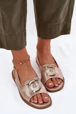 Eleganckie Sandały Z Ozdobą Na Płaskim Obcasie S.Barski KV51-003 Różowe Złoto