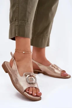 Eleganckie Sandały Z Ozdobą Na Płaskim Obcasie S.Barski KV51-003 Różowe Złoto