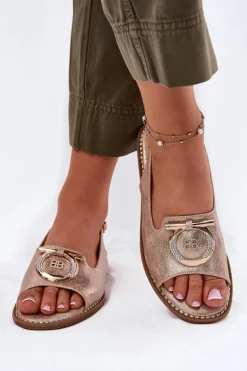 Eleganckie Sandały Z Ozdobą Na Płaskim Obcasie S.Barski KV51-003 Różowe Złoto