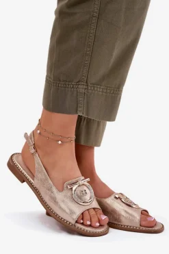 Eleganckie Sandały Z Ozdobą Na Płaskim Obcasie S.Barski KV51-003 Różowe Złoto