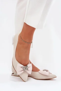 Eleganckie Skórzane Baleriny Damskie Z Kokardką Laura Messi 2893 Beżowe
