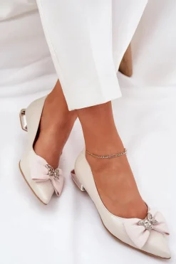 Eleganckie Skórzane Baleriny Damskie Z Kokardką Laura Messi 2893 Beżowe