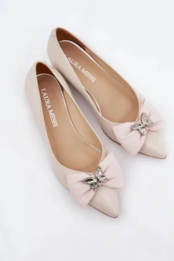 Eleganckie Skórzane Baleriny Damskie Z Kokardką Laura Messi 2893 Beżowe