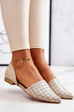 Eleganckie Skórzane Baleriny Laura Messi 1110 Złote Benzynowe