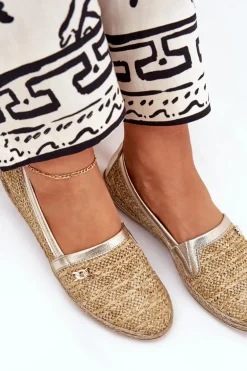 Eleganckie Skórzane Espadryle Z Plecionką Zazoo 10178 Beżowo-Złote
