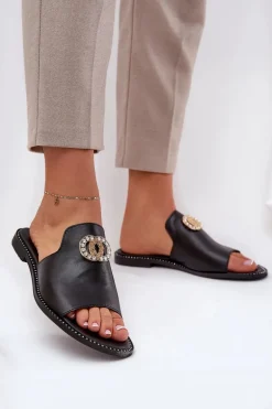 Eleganckie Skórzane Klapki Damskie Z Ozdobą Zazoo 3008 Czarne