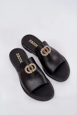 Eleganckie Skórzane Klapki Damskie Z Ozdobą Zazoo 3008 Czarne