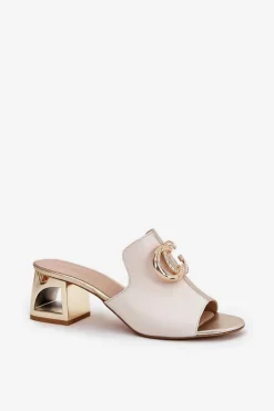 Eleganckie Skórzane Klapki Na Obcasie Laura Messi 2875 Beżowo-Złote