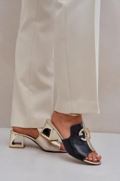 Eleganckie Skórzane Klapki Na Obcasie Laura Messi 2875 Czarno-Złote