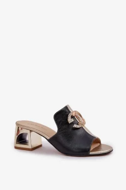 Eleganckie Skórzane Klapki Na Obcasie Laura Messi 2875 Czarno-Złote