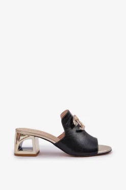 Eleganckie Skórzane Klapki Na Obcasie Laura Messi 2875 Czarno-Złote