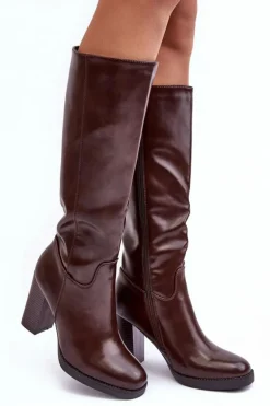 Eleganckie Skórzane Kozaki Przed Kolano Na Słupku Brązowe Felsha
