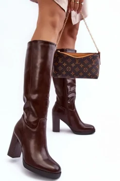 Eleganckie Skórzane Kozaki Przed Kolano Na Słupku Brązowe Felsha