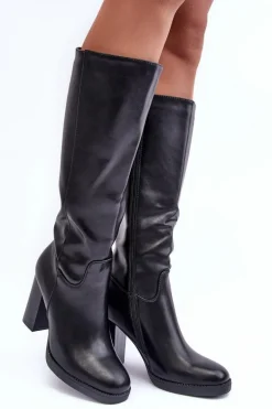 Eleganckie Skórzane Kozaki Przed Kolano Na Słupku Czarne Felsha