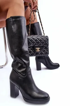 Eleganckie Skórzane Kozaki Przed Kolano Na Słupku Czarne Felsha